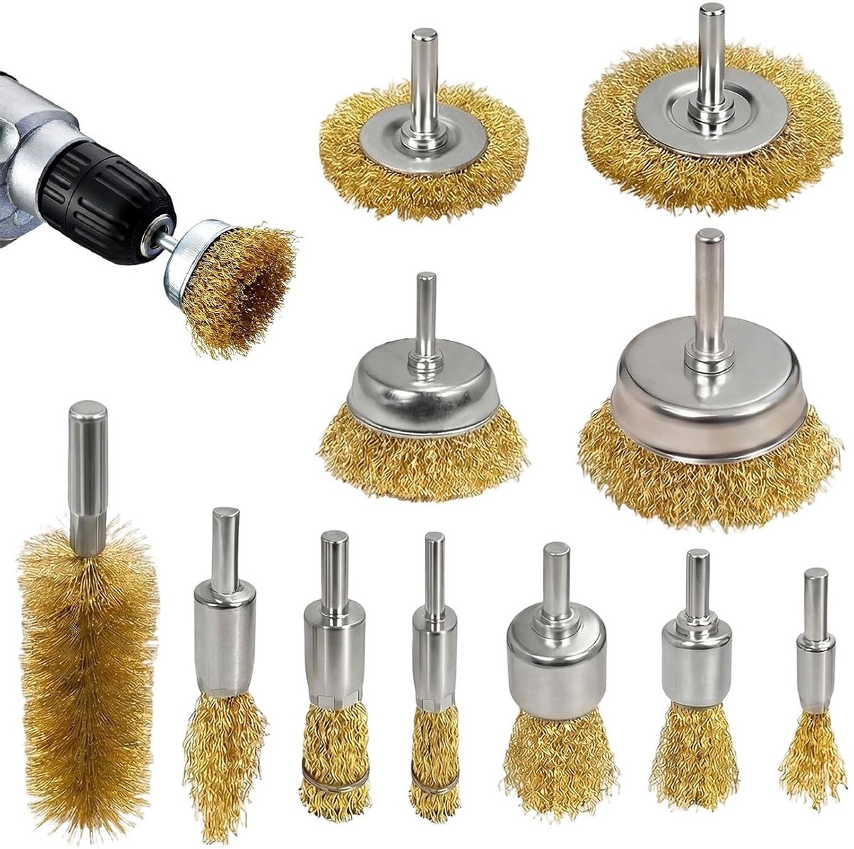 11 borstelsets voor metaalboren, messing borstel met 6 mm schacht voor roestverwijdering, schoonmaken en polijsten van oppervlakken