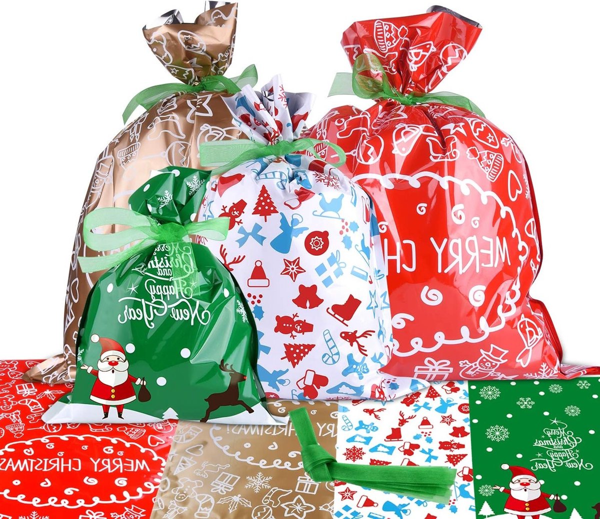 Christmas Cadeautassen in Grote Maat - Diverse Stijlen en Linten - Verpakkingszakken voor Kerst - Set van 10 stuks.