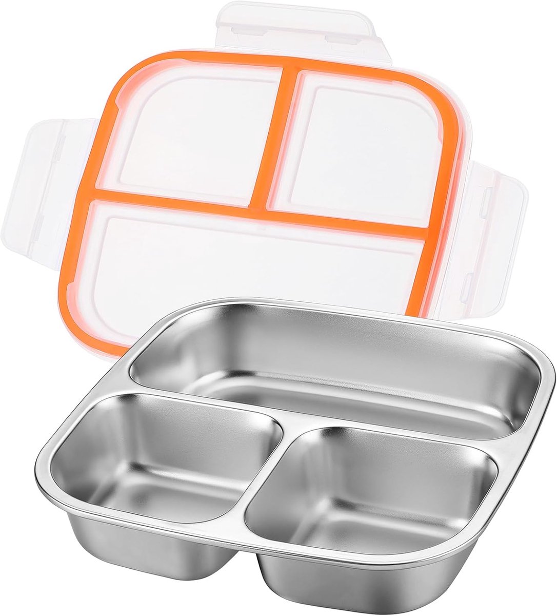 VHV - Lunchbox - Lunchbox kinderen - RVS snackdoosjes met 3 vakken - Bento box - 600 ml- Vaatwasserbestendig - Voor school en kantoor - Set van 1 - Versie met wit deksel
