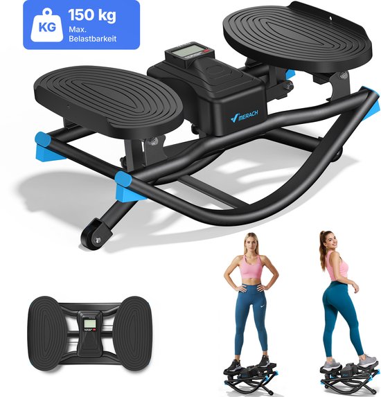 Zwarte stepper met blauwe accenten, maximale belasting 150kg. Twee vrouwen tonen het gebruik.
