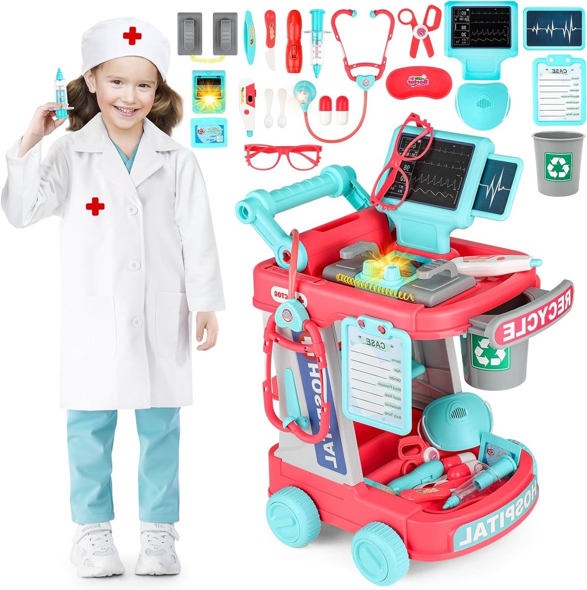Dokterskoffer met Accessoires | Rollenspel Speelset met Dokterskostuum, Stethoscoop, Thermometer en Spuit | Medische Trolley Cadeau voor Kinderen