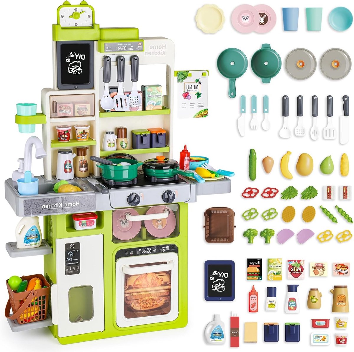 Speelkeuken voor Kinderen met Licht, Geluid, Water en Stoom - Inclusief Koelkast, Vaatwasser, Fornuis, Gootsteen, Oven en Keukenaccessoires voor Kinderen vanaf 3 Jaar
