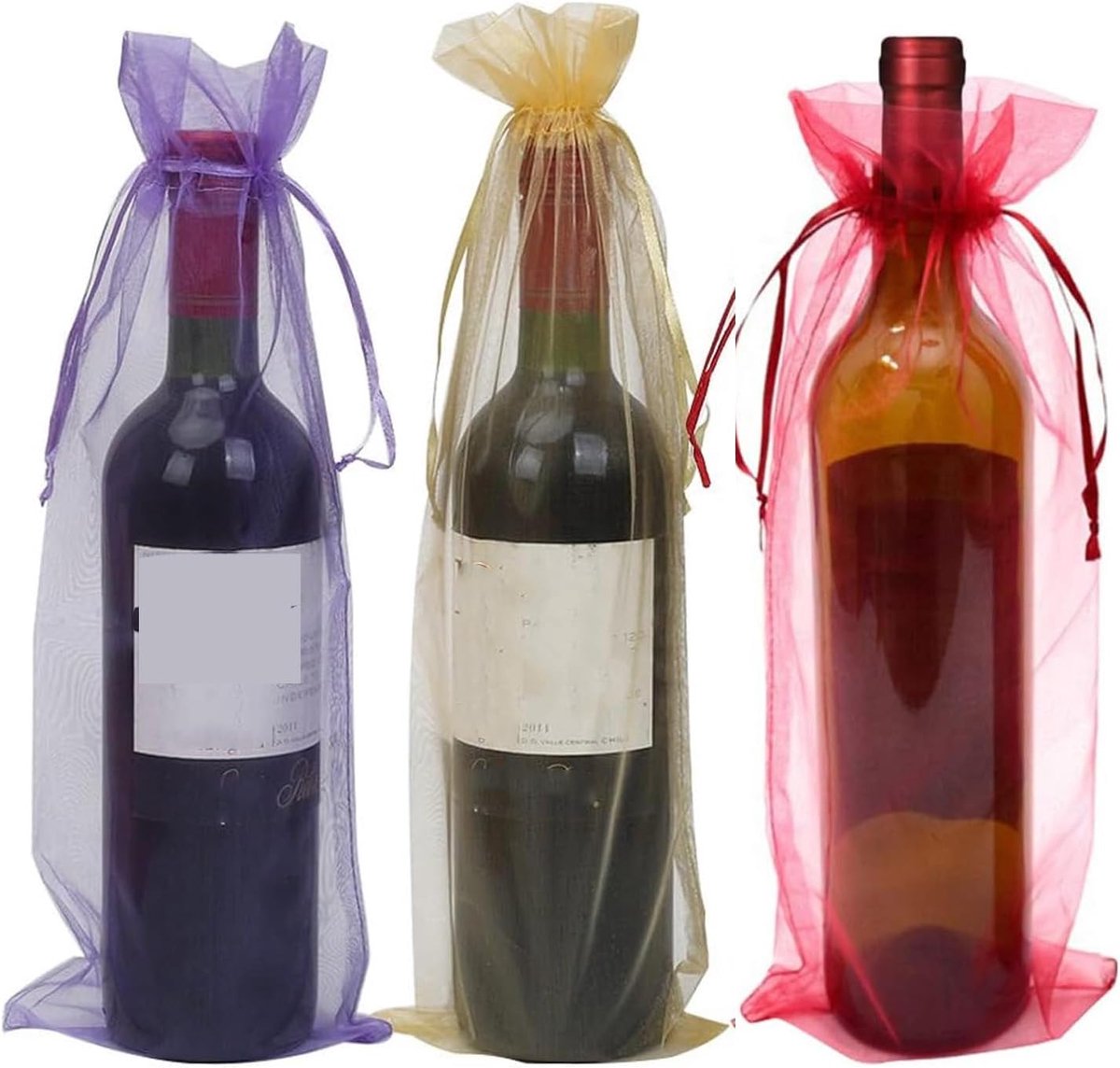 12 Stuks Organza Wijnzakjes met Trekkoord - 37x14 cm - Transparant Gaas - Rood, Paars en Goud - Voor Bruiloft, Verjaardag en Feest