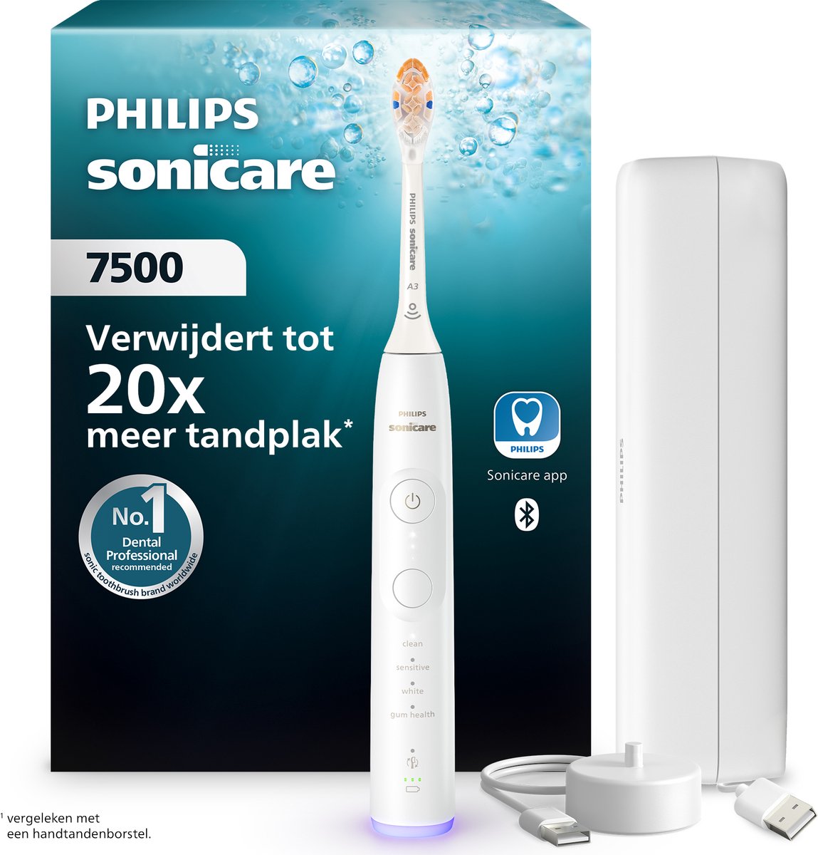 Philips Sonicare 7500 Series Elektrische Tandenborstel - Poetsdruksensor, 12 Poetsinstellingen, Gezonder Tandvlees, Sonicare App & Oplaadreisetui - Wit - HX7420/12