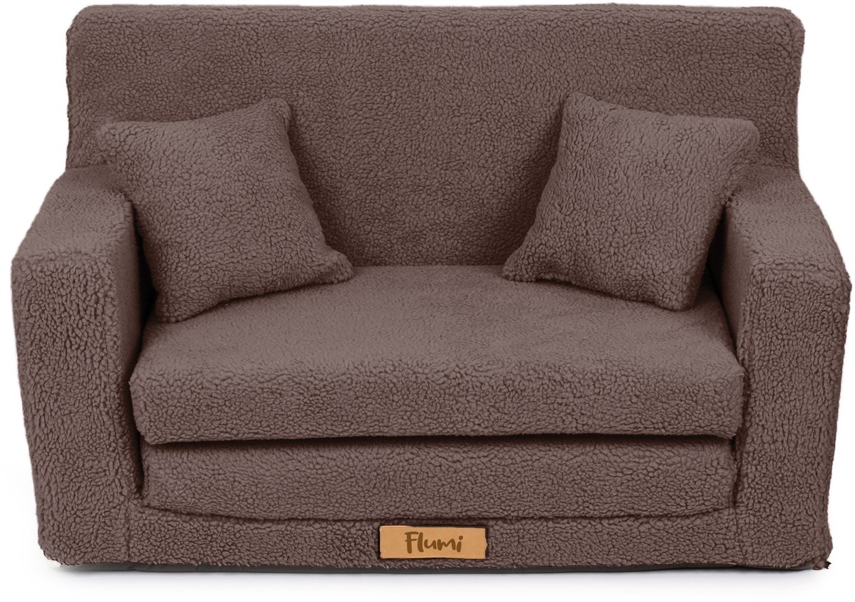 Flumi opvouwbare mini kindersofa van teddy stof – zachte kinderbank met uitklapfunctie en afneembare hoes, bruin