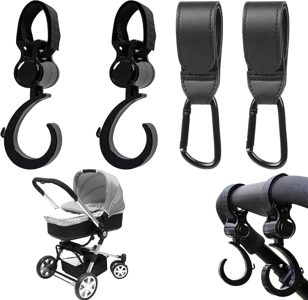 SnelShoppen - Stroller Hook Set van 4 Met Carabiner voor Diaper Bag en Balance Bike - Praktische Organiser in Zwart - Ideaal voor Kinderwagens en Hamm