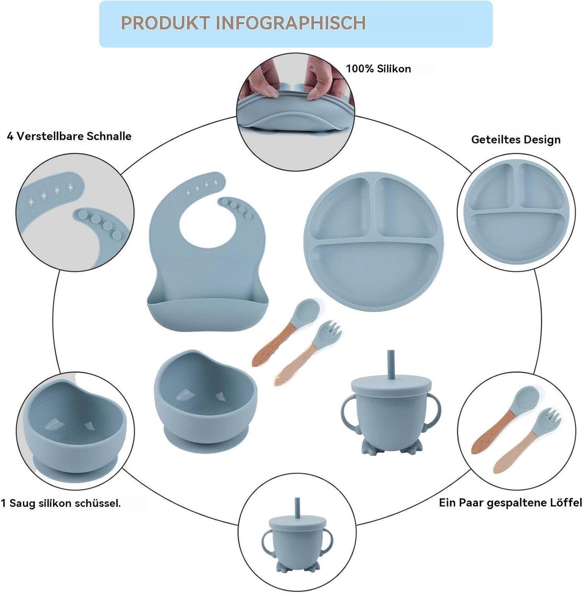 SnelShoppen - Eliano 6-delige siliconen babyset - antislip bord, kom, beker met rietje, vork, lepel, doek - vaatwasserbestendig, BPA-vrij, magnetronbe