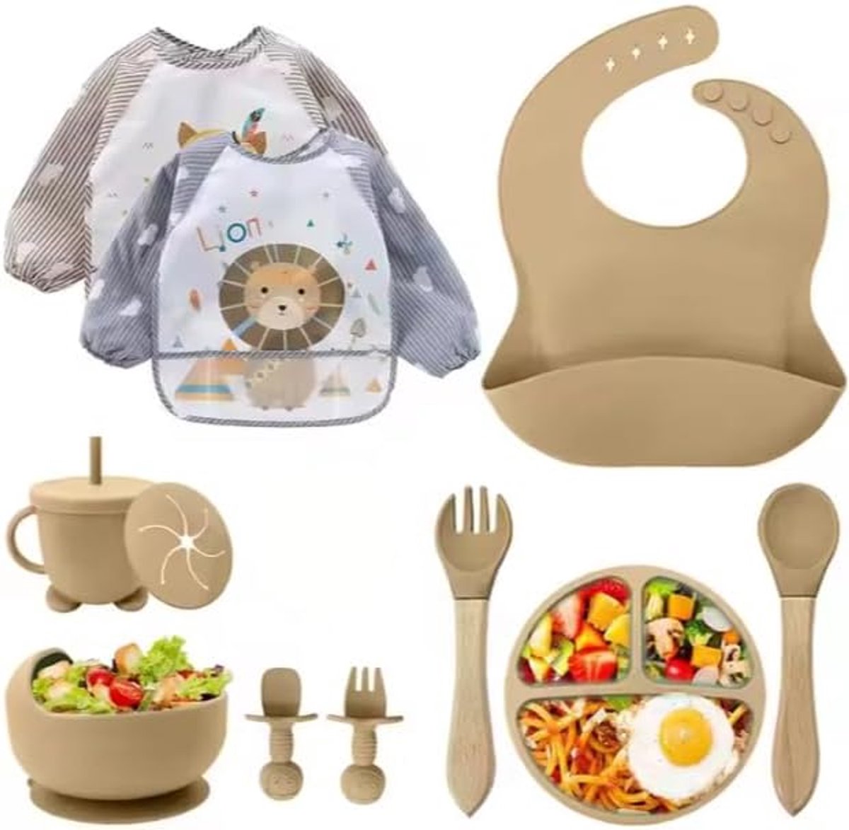 SnelShoppen - Siliconen babyserviesset 12-delig, BPA-vrij, Kinderbord met zuignap, Oefenbeker met rietje, Siliconen slabbetje, Kom, Houten lepel, Baby