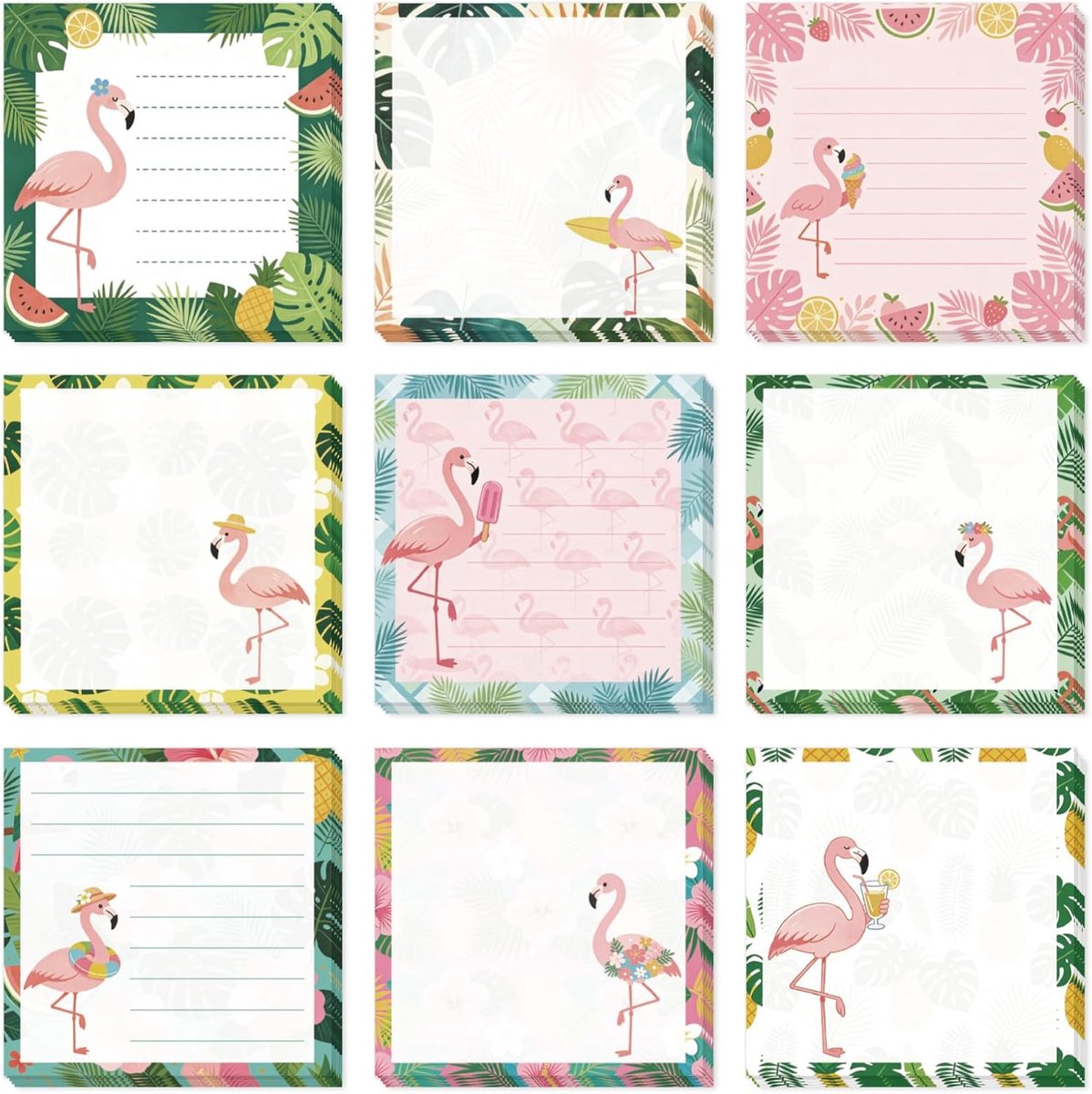 SnelShoppen - 9 Blokken Zelfklevende Notities Flamingo's - 540 Vellen 7,6 x 7,6 cm - Tropische Planten voor Kantoor Thuis Dagboek Vergadering