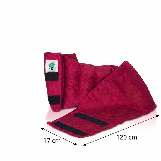 Rood fluwelen pittenkussen van 17x120cm met klittenband, op witte achtergrond.