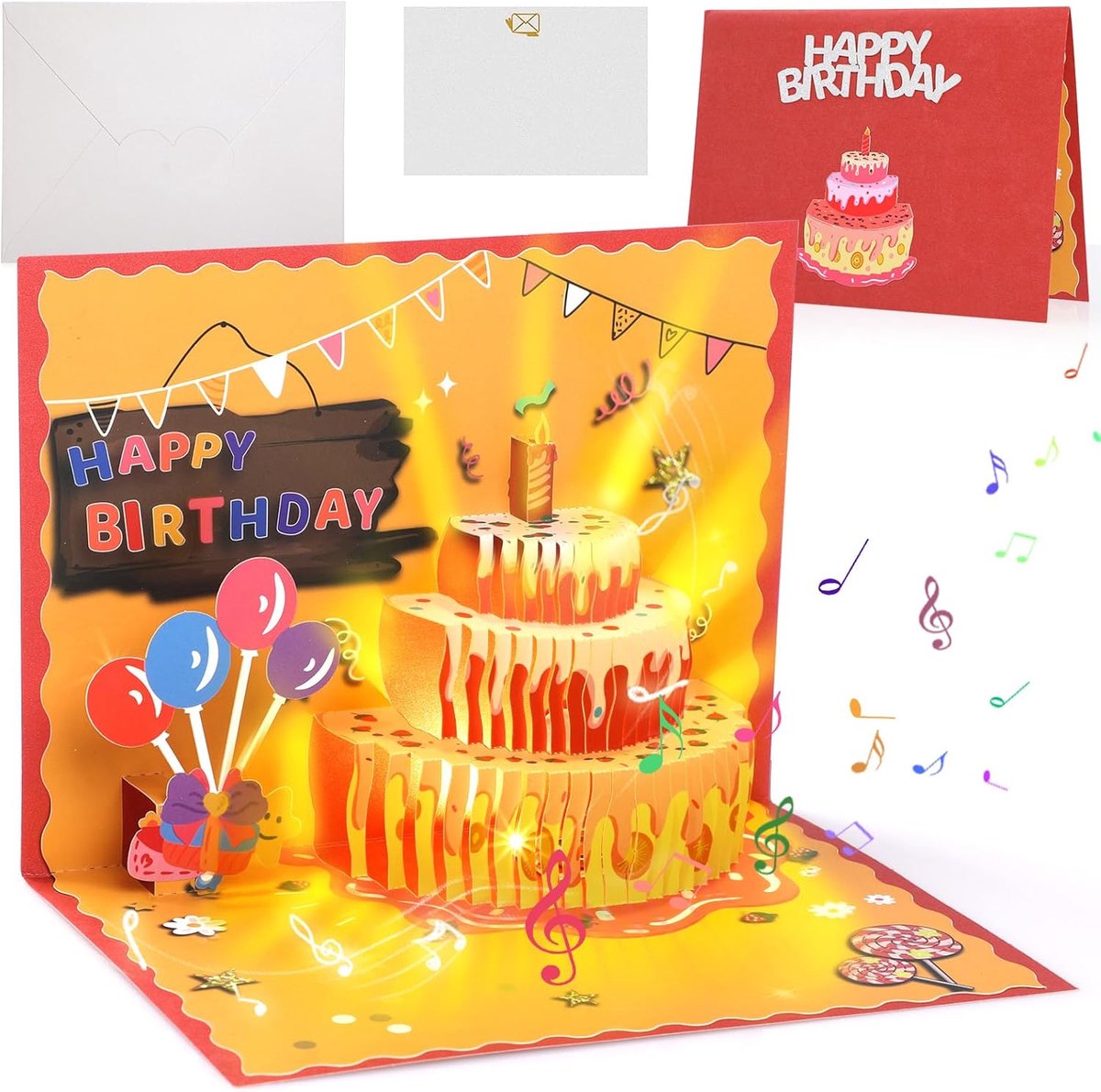 SnelShoppen - Luminous en Muzikale Verjaardagskaarten met 3D Pop Up Taart, Geluidseffecten en Envelop - Perfect voor Vrouwen, Mannen en Kinderen - Fee