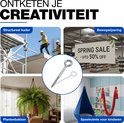Montage van vier toepassingen: bouwplaats, winkelinrichting, plantenbak, en speelkamer. Midden: oogschroef.
