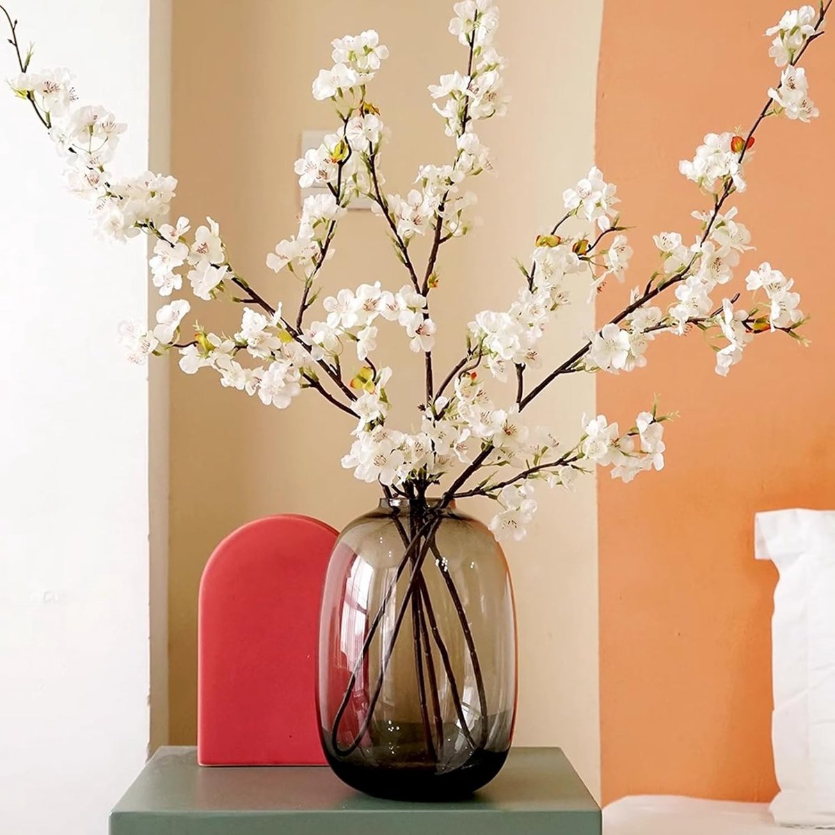 SnelShoppen - 6PCS Kunstmatige Kersenbloesem Takken Faux Kersen Zijde Bloemen voor Vaasje Bruiloft Thuis Decoratie Wit