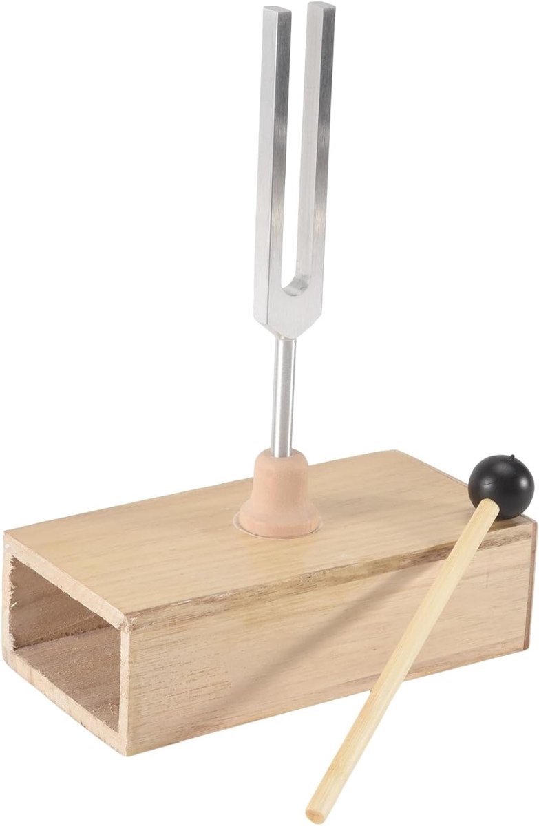 Sfeervork 432 Hz voor geluidsgenezing en meditatie met resonantiebox en gehoortests, zilver en houtkleur