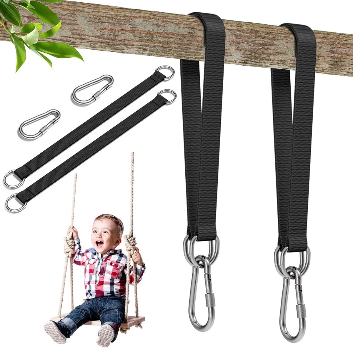 Set van 2 Hangmatriemen met Karabijnhaak en D-ringen, 50 cm x 2,5 cm, Perfect voor Buitenactiviteiten, Camping en Hangmatten