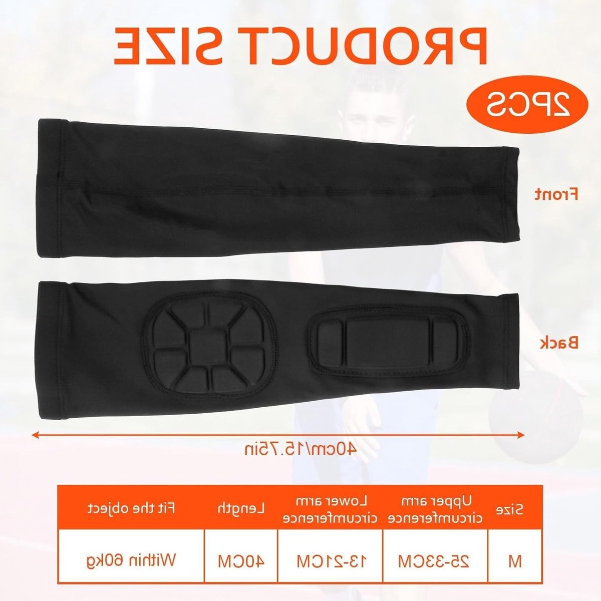 Set van 2 Gevoerde Arm Beschermers voor Elleboog en Onderarm, Antislip, Ademend Materiaal voor Volleybal, Voetbal en Basketbal, Zwart, M