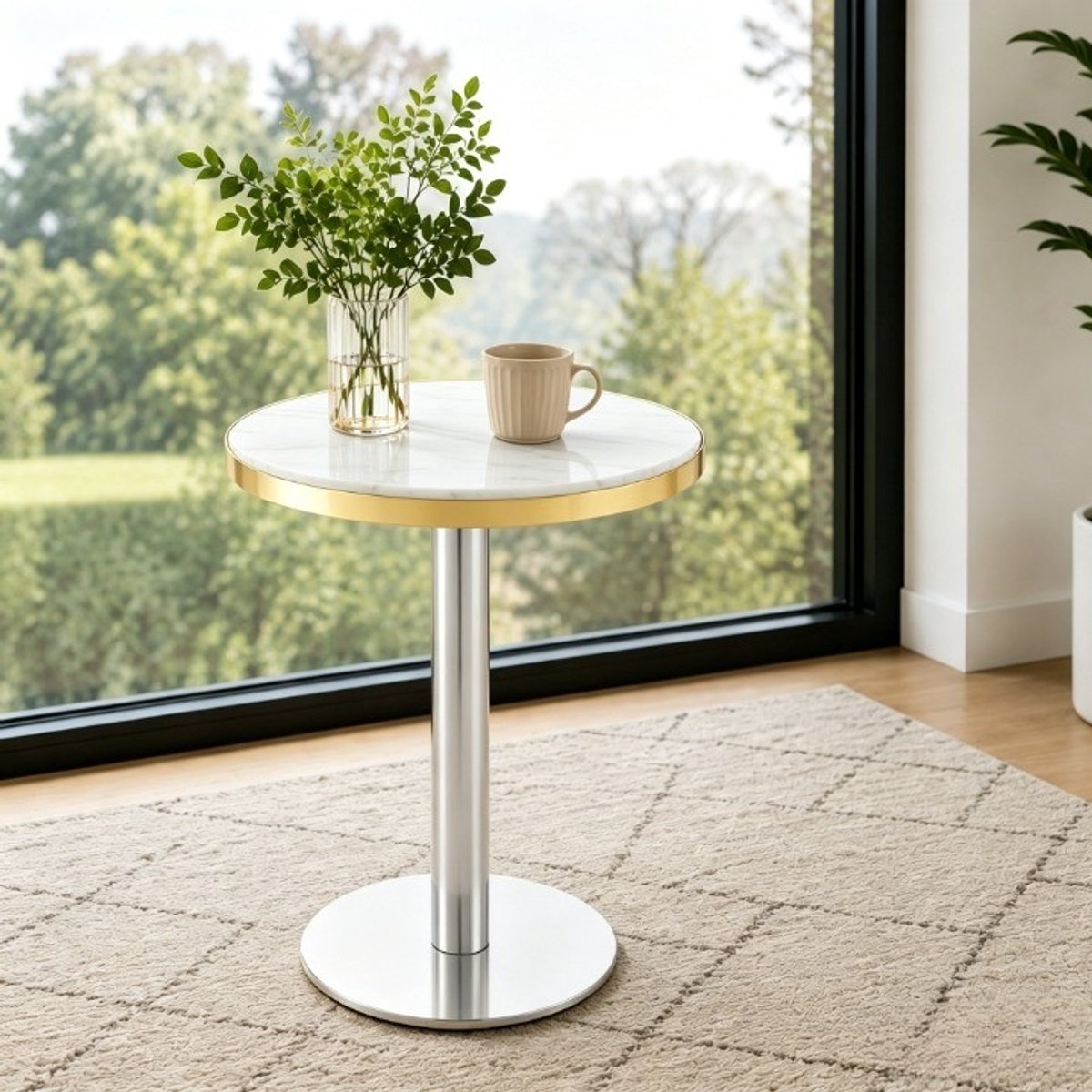 MODENUIT Bijzettafel - Ronde Tafel Met Marmerlook En Gouden Rand - Voor Woonkamer En Slaapkamer - MDF En Metaal - Wit - 60x73,7 cm