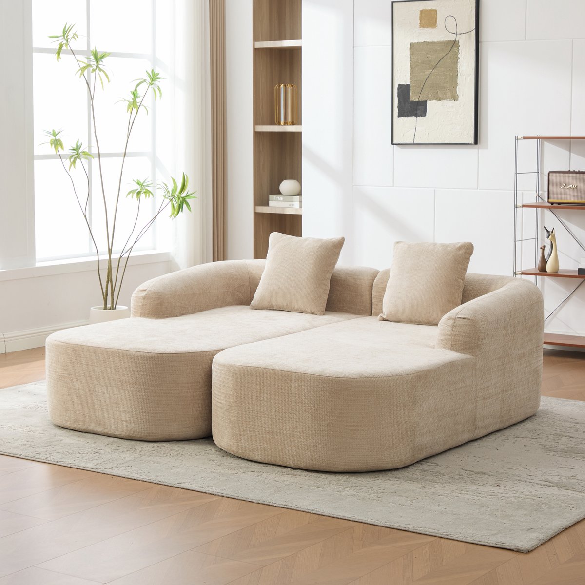 HAUSS SPOLE Zitbank - Modulaire Compressiebank - 2-Zits Met Chaiselongue En Kussens - Voor Woonkamer En Slaapkamer - Chenille Licht Khaki