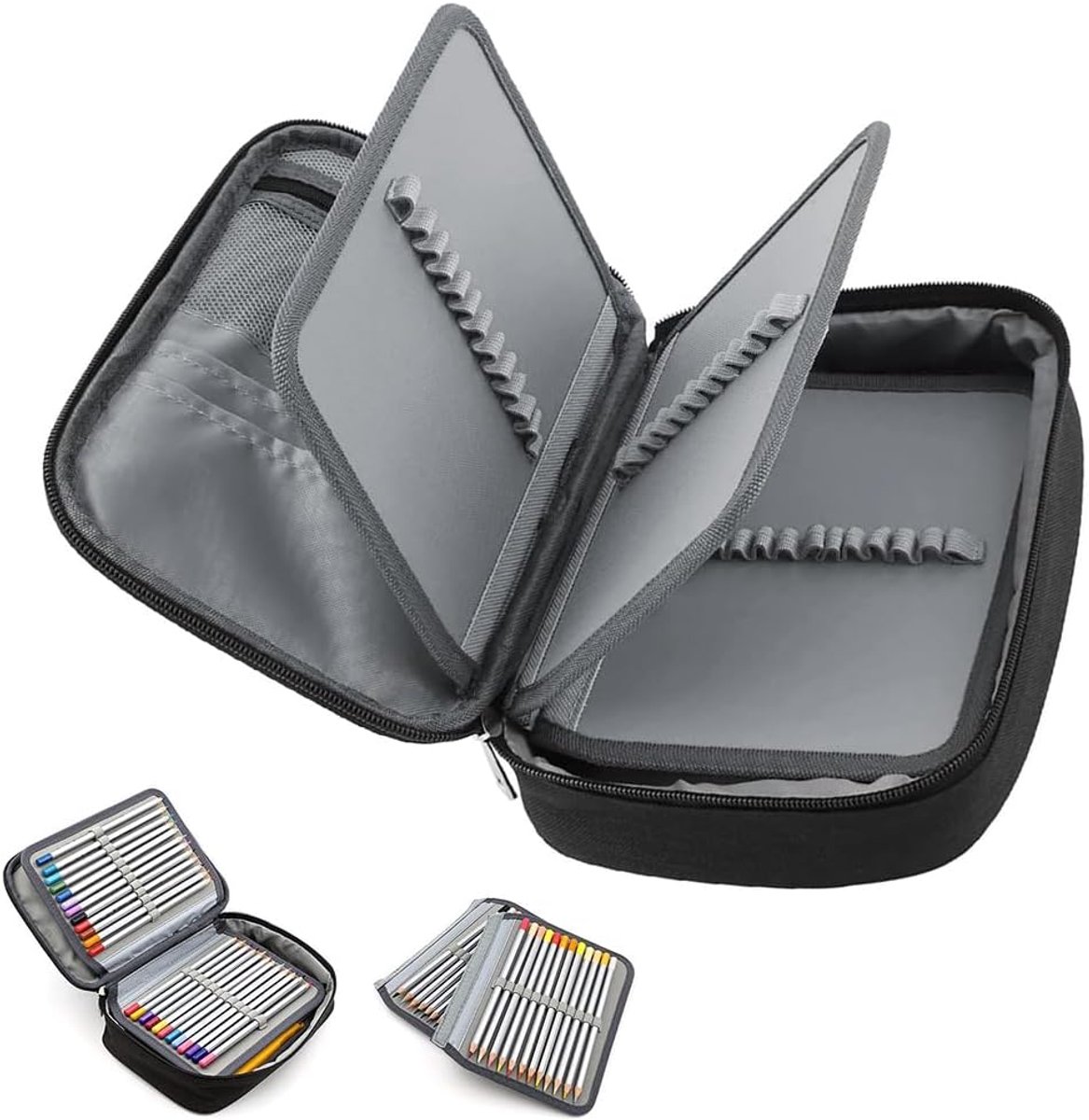 SnelShoppen - Grote Pennen Etui met 72 Vakjes, Afneembaar Inzetstuk, Hoogwaardige Rits, 21 x 16 x 6.5 cm, Zwart, Perfect voor School, Kantoor, Creatie