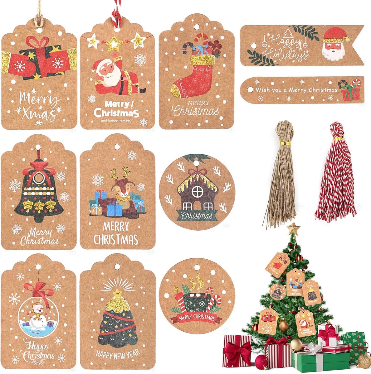 SnelShoppen - 110Pcs Kerst Kraft Papier Cadeautags met Jute Touw, DIY Kerst Cadeautags, Labels voor Geschenken, Naamlabels voor Feest, Kleur: Bruin, P