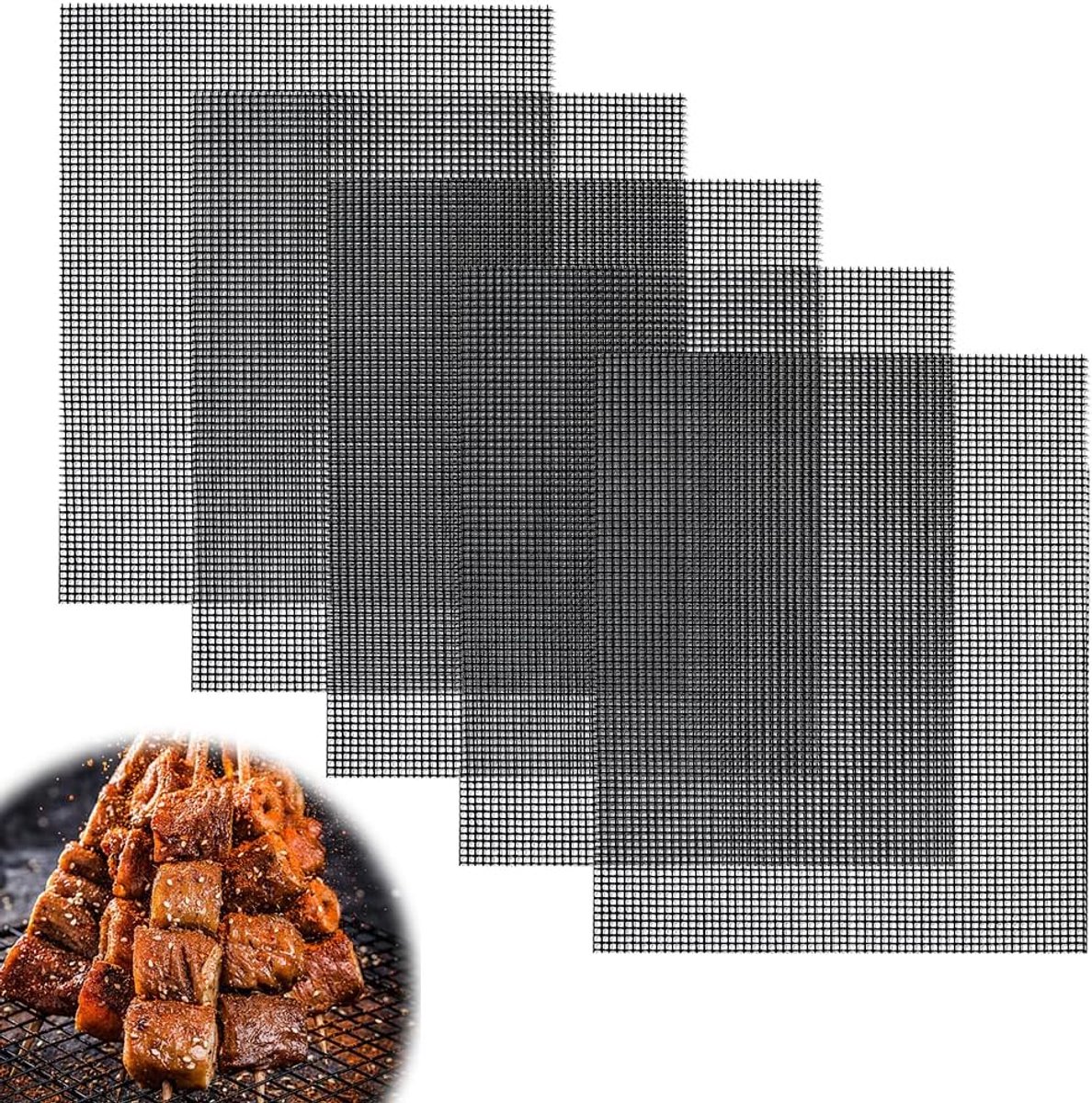 SnelShoppen - 5 Stuks BBQ Grill Mesh Mat, Herbruikbare Barbecue Bakmatten, Anti-aanbak Rooster voor Houtskool, Oven en Elektrische Grills, 36x42 cm