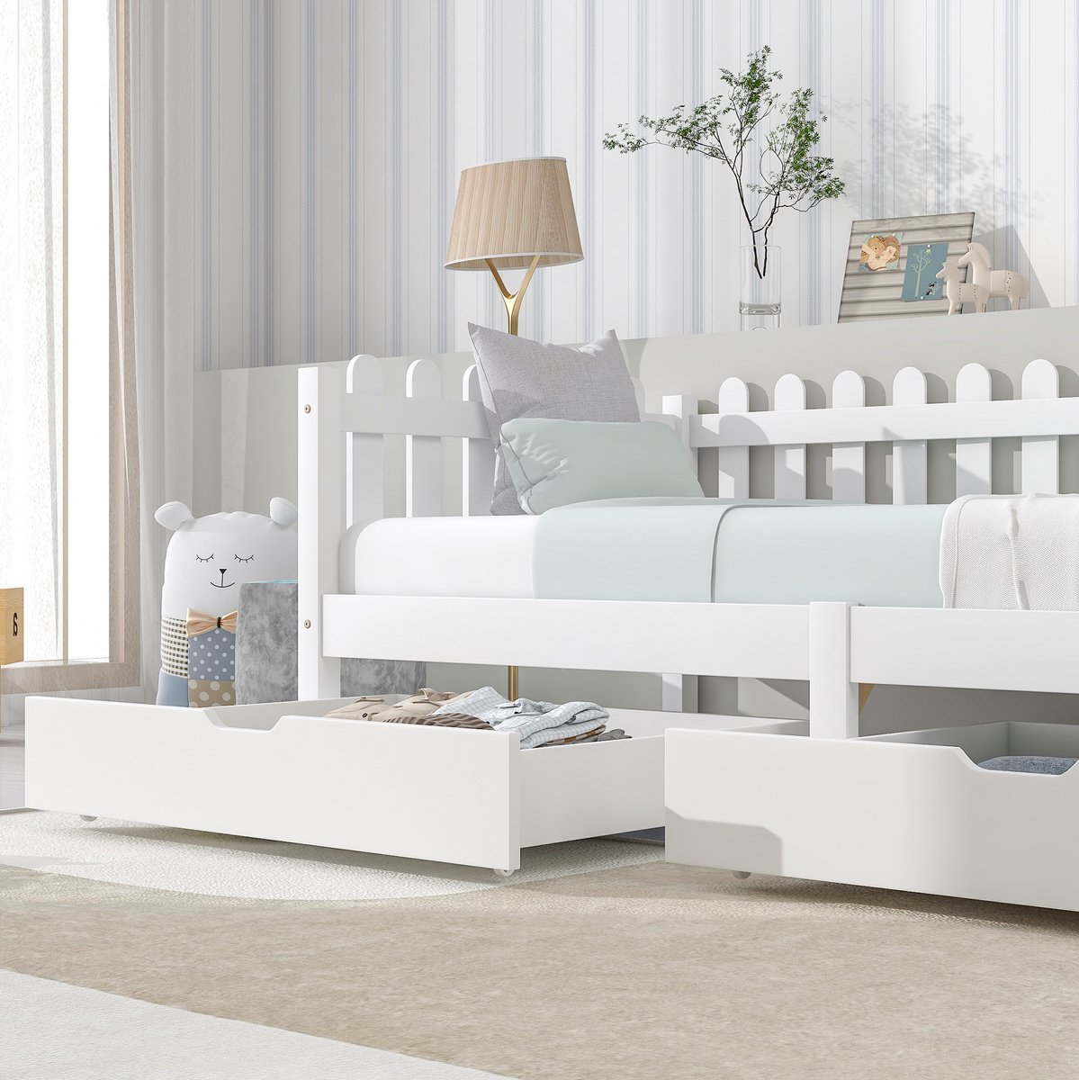 OKWISH Bedlade – 2 Laden – 93 x 67 x 20 cm – Vezelplaat – Wit – Onderbed Opbergruimte Met Wielen Voor Slaapkamer En Rek