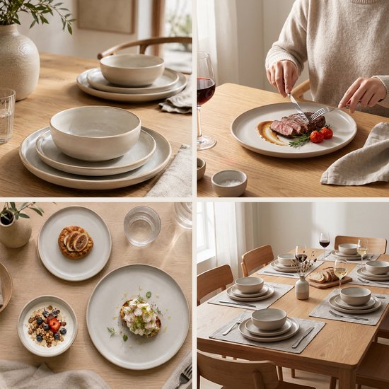 Deleca Serviesset 6 Personen Serra - 18-delig - Aardewerk - Grote en Kleine Borden met Schaaltjes - Keramiek Bordenset & Soepkommen - Japandi Stijl - Soft Beige — afbeelding 5