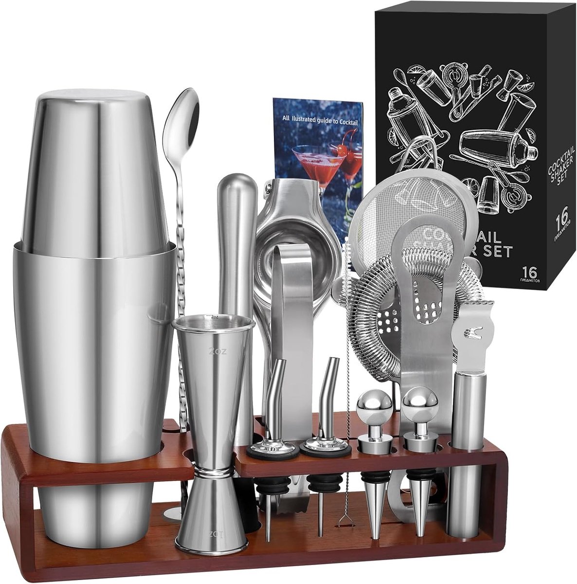 SnelShoppen - Boston Shaker Cocktail Set 830 ml, Professioneel RVS Cocktail Set met Stand en Cocktail Boek voor Feest, Thuis Bar, BBQ, en Cocktails Ma