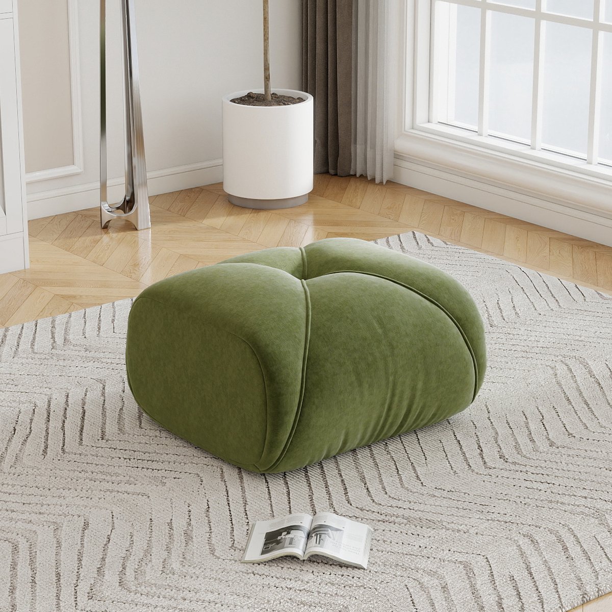 MIVRAY Voetenbankje – 78 x 76 x 45 cm – Zachte Chenille Stof – Groen – Gestoffeerde Hocker Voor Woonkamer en Extra Zitplek