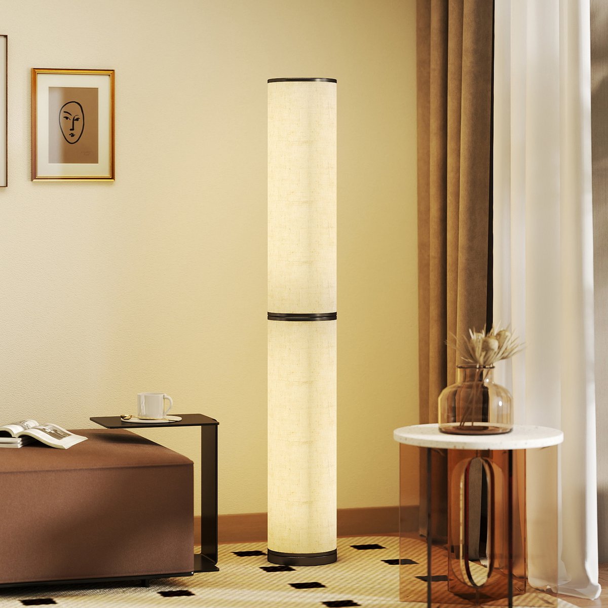TEKROA® Vloerlamp LED Dimbaar met Afstandsbediening - Vloerlampen Woonkamer - Magnetische afstandsbediening - Beige - Ø20x135cm