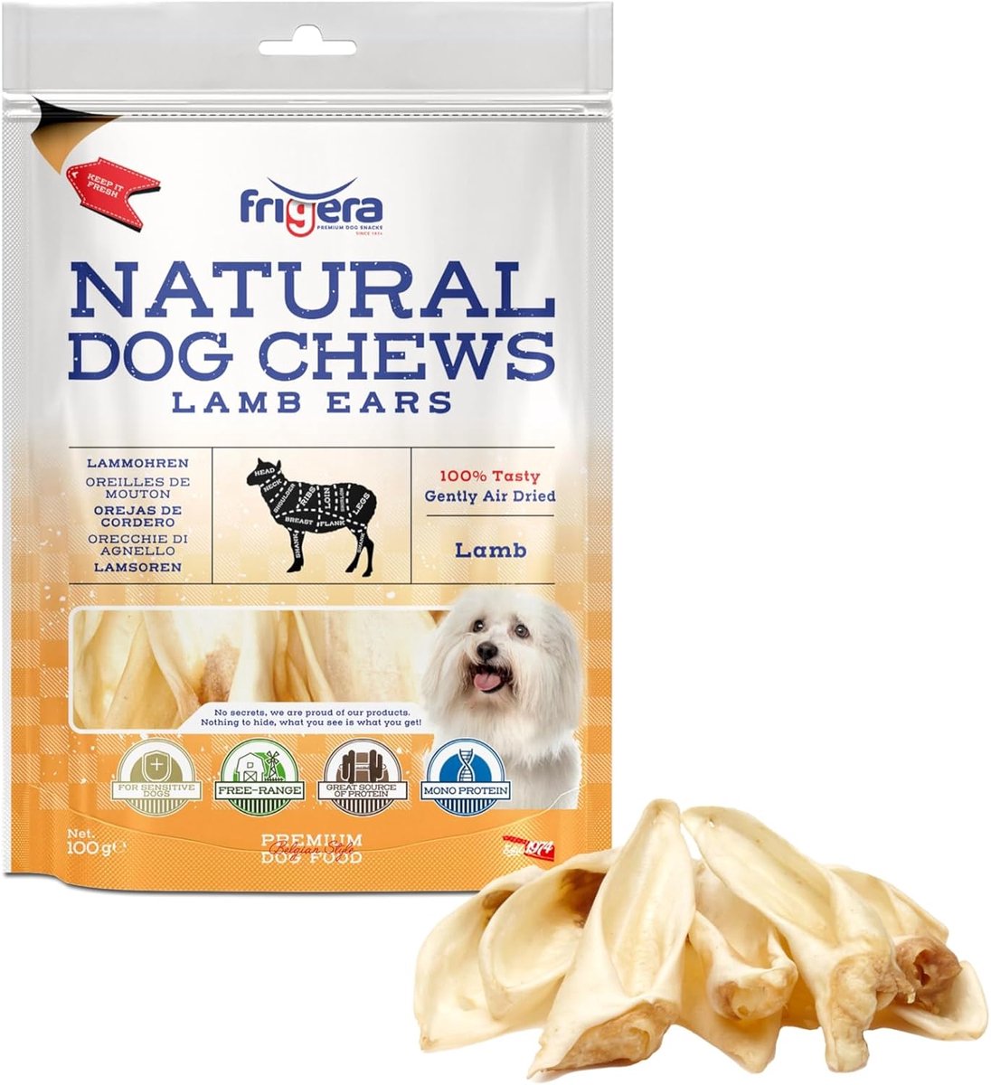 SnelShoppen - Frigera Lamsoren 100g - Natuurlijke Hondensnacks, Rijk aan Eiwitten, Graan- en Glutenvrij, Geschikt voor Gevoelige Honden, Ondersteunt G