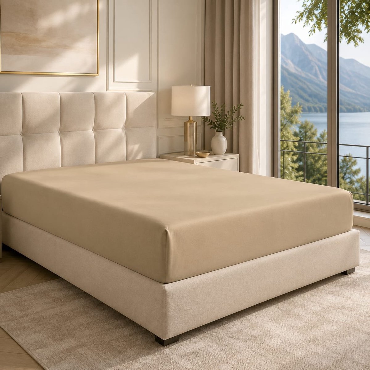 Lano&Go Hoeslaken 200x200 cm – 40 cm diepe hoek – Geborstelde polyester microvezel – Geschikt voor boxspringbedden – Past op matrassen tot 40 cm – OEKO-TEX gecertificeerd – Krimp- en kleurvast – Beige