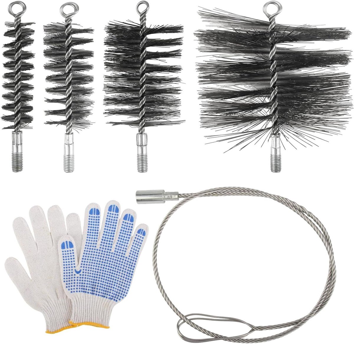 Set van 6 Schoonmaakborstels voor Kachelpijpen - Inclusief Flexibele Duwer, Ideaal voor Schoorsteenreiniging en Openhaardonderhoud