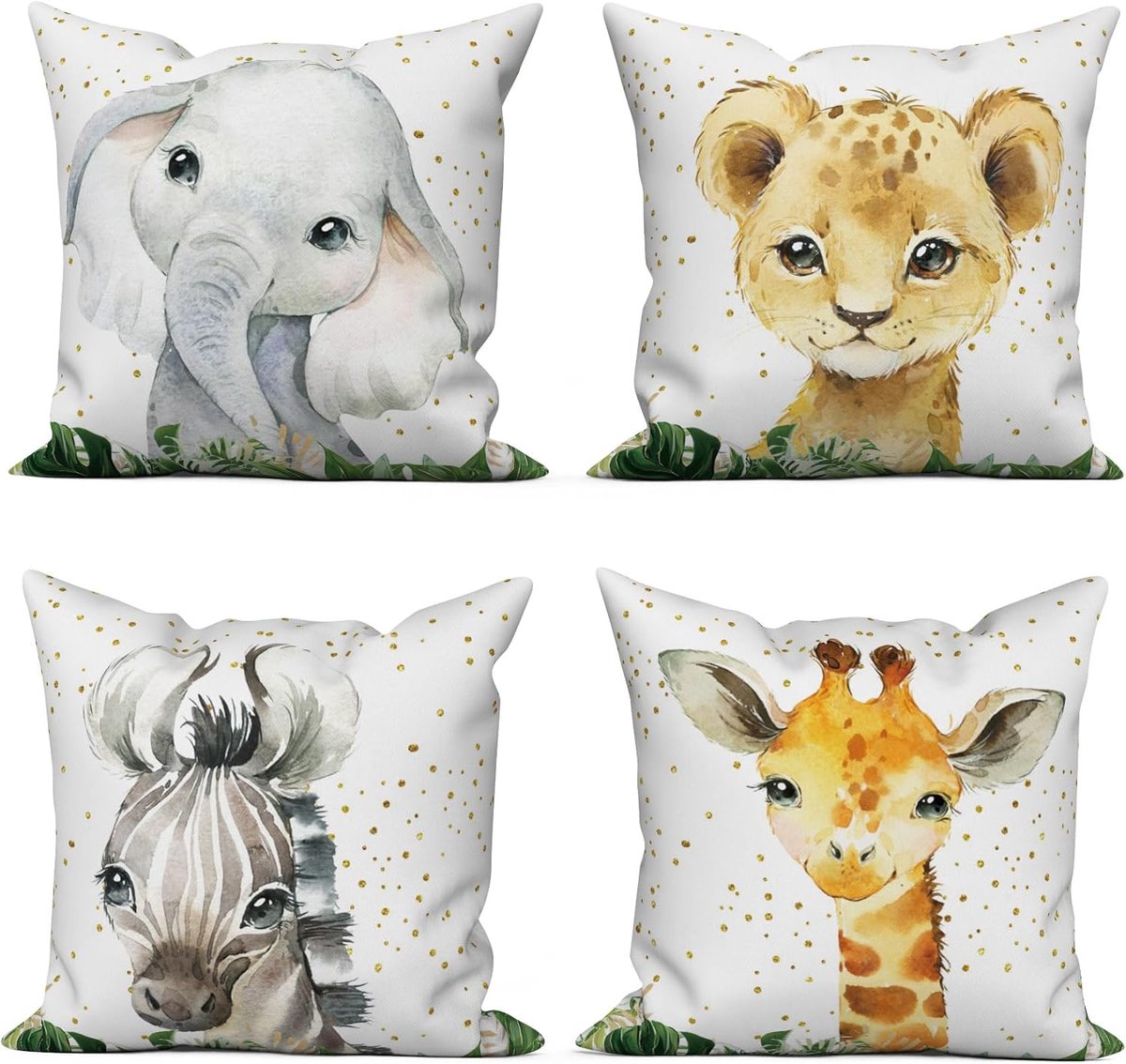 SnelShoppen - Set van 4 Kindercushions 40x40 cm met Schattige Dieren - Olifant, Nijlpaard, Leeuw, Giraffe - Wasbare Polyester Kussenslopen voor Sofa e