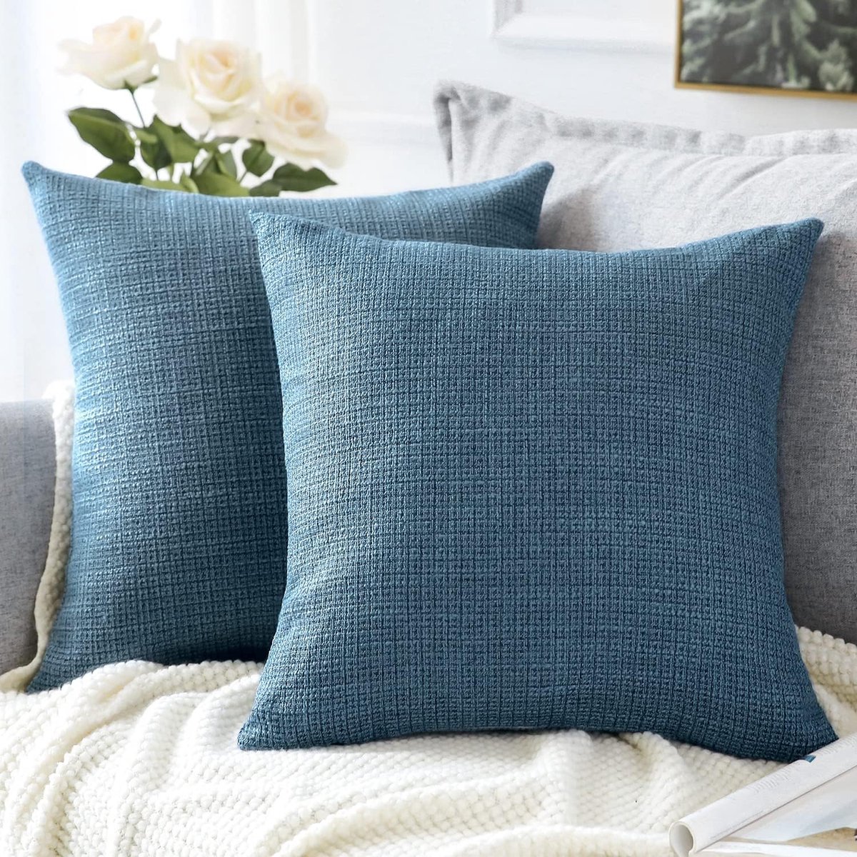 SnelShoppen - Set van 2 Decoratieve Kussenhoezen 45 x 45 cm, Blauwe Linnen Kussenslopen voor Woondecoratie, Sofa, Slaapkamer, Auto, Kindvriendelijk