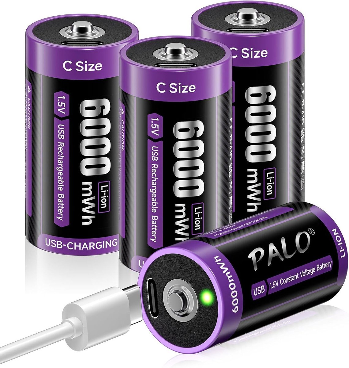 SnelShoppen - USB-C Oplaadbare Baby C Batterijen LR14 1.5V 6000mWh Lithium - 4 Stuks, Snelle Laadfunctie, Laag Zelfontlaadpercentage, Met Oplaadkabel