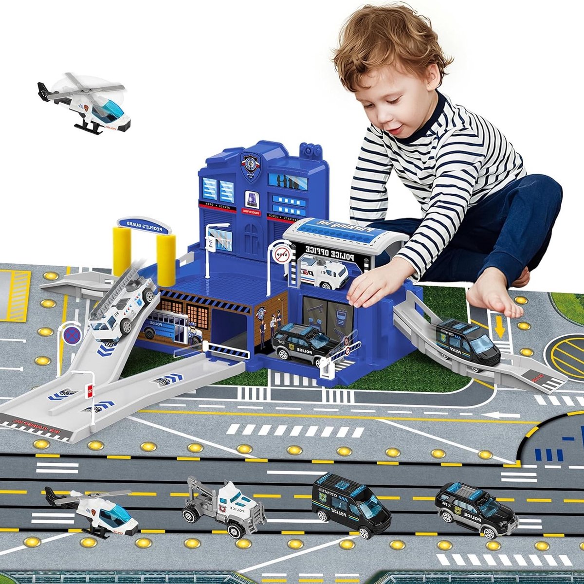 Stad Politiebureau met Politiewagen, Helikopter en Politiekantoor - Constructiespeelgoed voor Kinderen van 4 tot 7 Jaar, Creatief en Educatief Speelgoedset