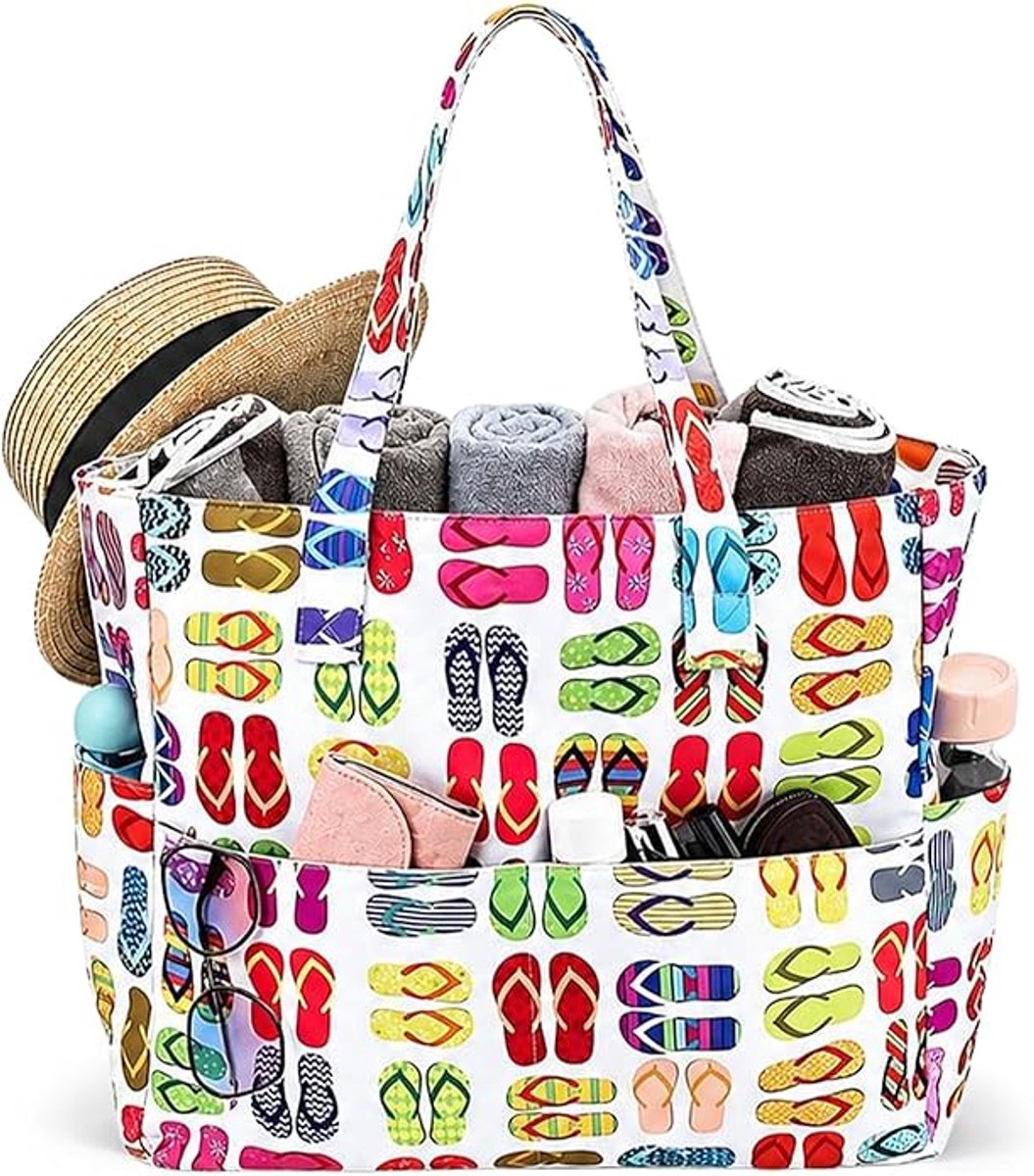 Grote strandtas voor dames – Water- en zandbestendig, ritssluiting, grote inhoud, meerdere vakken – Perfect voor het strand