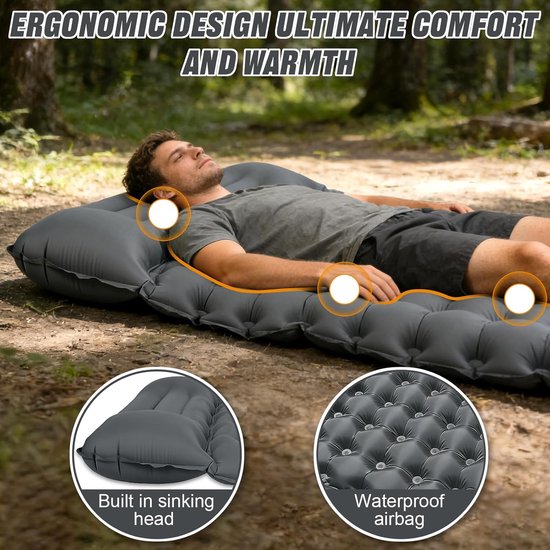SnelShoppen - Zelfopblaasbaar Campingmatras, Ultralicht Luchtbed Met Kussen, Draagbaar Zelfopblaasbaar Campingmatras Voor Hiking, Buiten Trekking (Gri — afbeelding 5