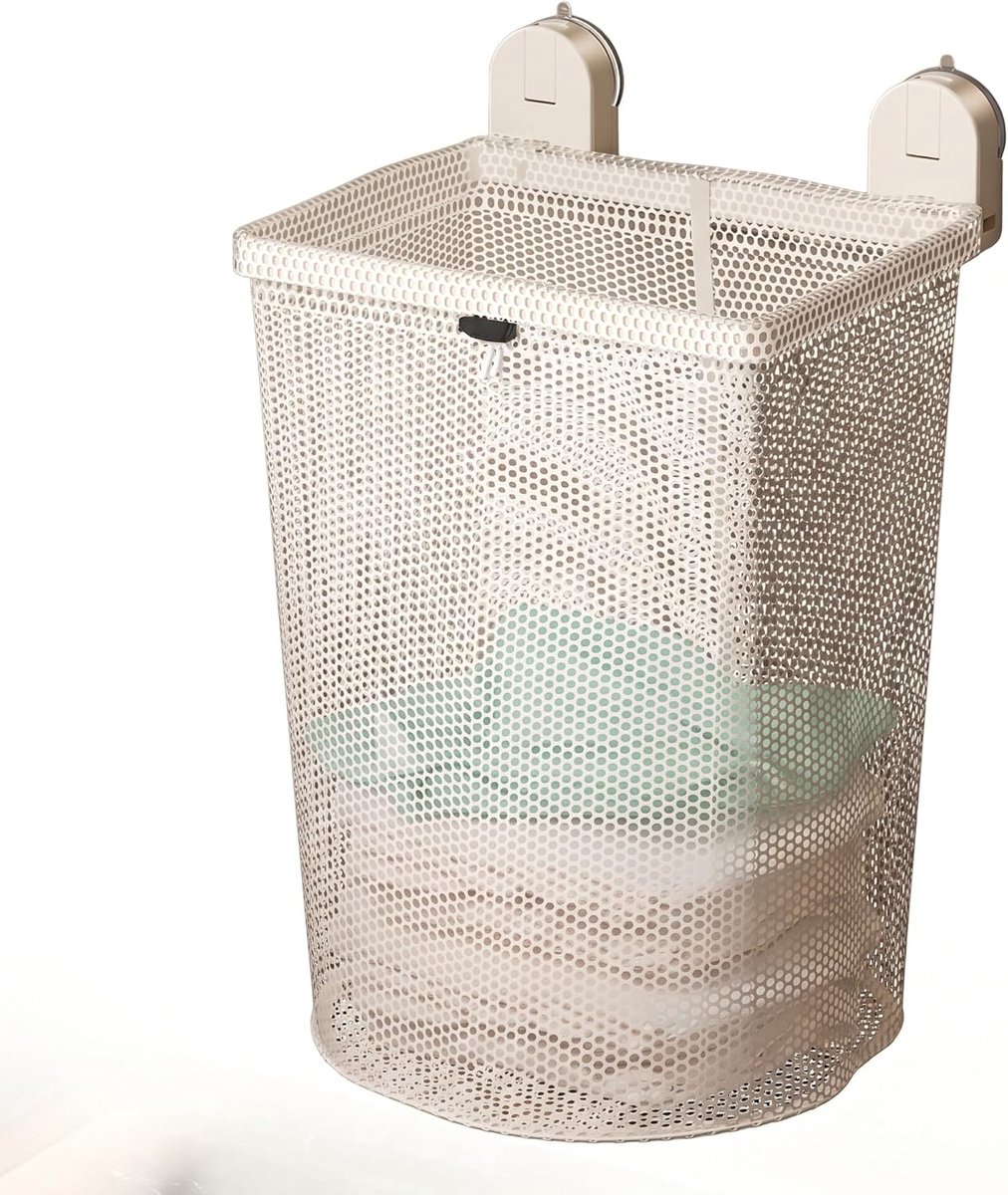 Ulisem - Zuignap wasmand - 2026 nieuw wit voor student en badkamer - Wandmontage zonder boren - Sterke zuignap voor glas en tegels - Afneembare mesh waszak - Ademend gaas voorkomt geurtjes - Incl ophanghaak - Eenvoudig te monteren - Wit