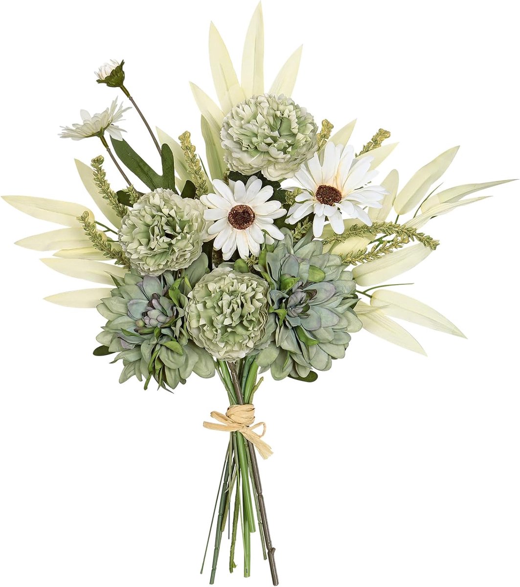 SnelShoppen - 16" Kunstbloemen Boeket Sage Groen Dahlia Nepp bloemen voor Vaas Tafelcentrum Decoratie Silk Peony Faux Daisy Droogbloem Arrangement voo