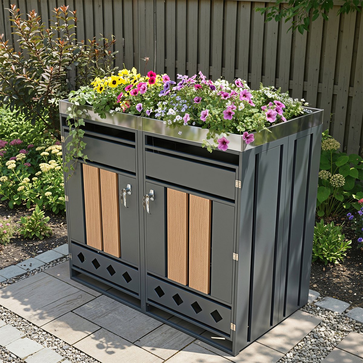 FloraGrace Containerberging – 132 x 80 x 124,5 cm – Afsluitbaar Met 2 Vakken En Plantenbak – Metaal – Grijs Met Houtlook – Voor Tuin En Erf