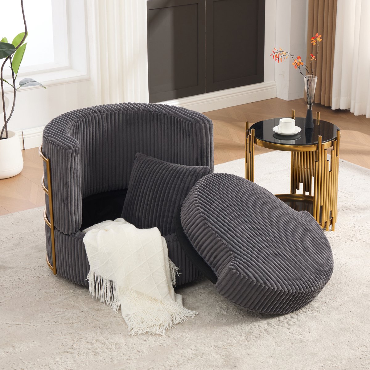 STILVORA Fauteuil 79 x 76 x 78 cm - 360 Graden Draaibaar Met Opbergruimte - Voor Woonkamer En Slaapkamer - Cordstof - Grijs