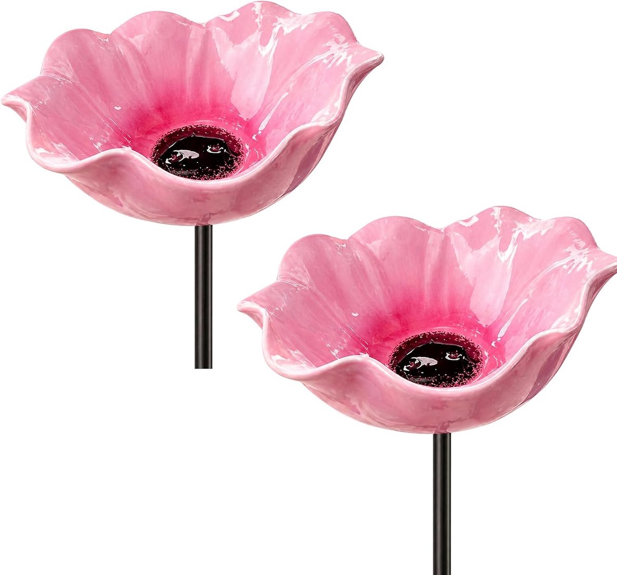Vogeldrinkschaal - 2 stuks - Vogelbadje - Vogeldrinkbakken - Vogeldrinkschaal voor Tuinvogels - Metaalbloemen-tuinpaal-vogeldrinkbak - Tuindecoratie voor Vogels - Vogelbad voor Buiten - Wildlife Vogeldrinkschaal voor Tuinvogels - 15 x 60 cm - Roze