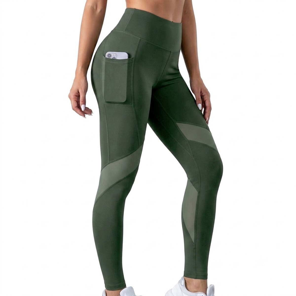 Varen groene yoga legging dames hoge taille sport legging compressie pilates legging butt lifting mesh panelen zijzak telefoonvak fitness legging elastische lange sportbroek M