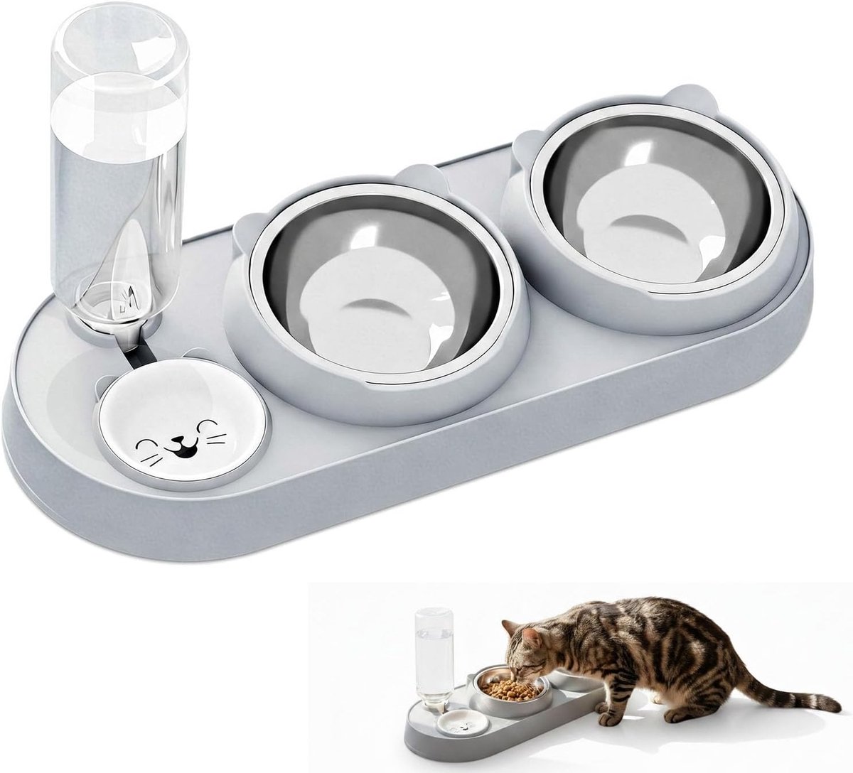 SnelShoppen - 3-in-1 Kattenbakset met Roestvrijstalen Voerbak en Waterdispenser voor Katten en Kleine Honden - Ruimtebesparend en Hygiënisch - Grijs