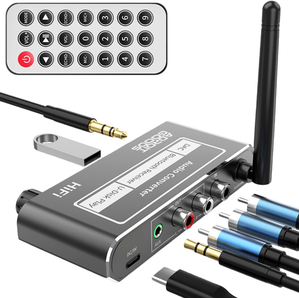 AdroitGoods Bluetooth Audio Ontvanger Adapter 5.2 - AUX RCA Coaxiaal USB DAC Draadloos Audio Converter met Afstandsbediening en Volume Controle