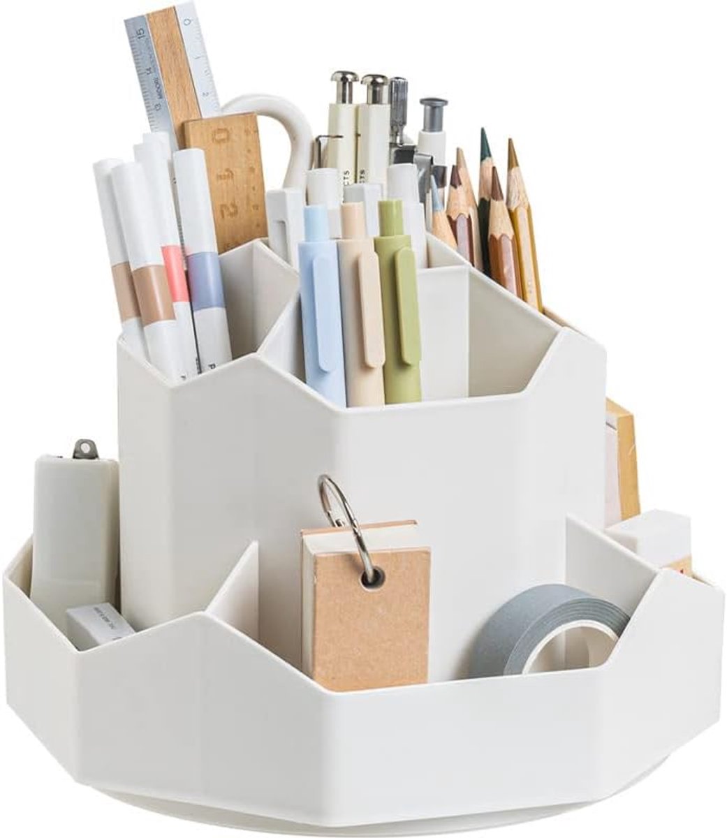 Thijox - 360 Graden Draaibare Pennenhouder, Bureau-Organizer, Multifunctionele Schrijfwarenopslag, Make-Up Borstelhouder met 9 Vakken, Crèmewit, Duurz