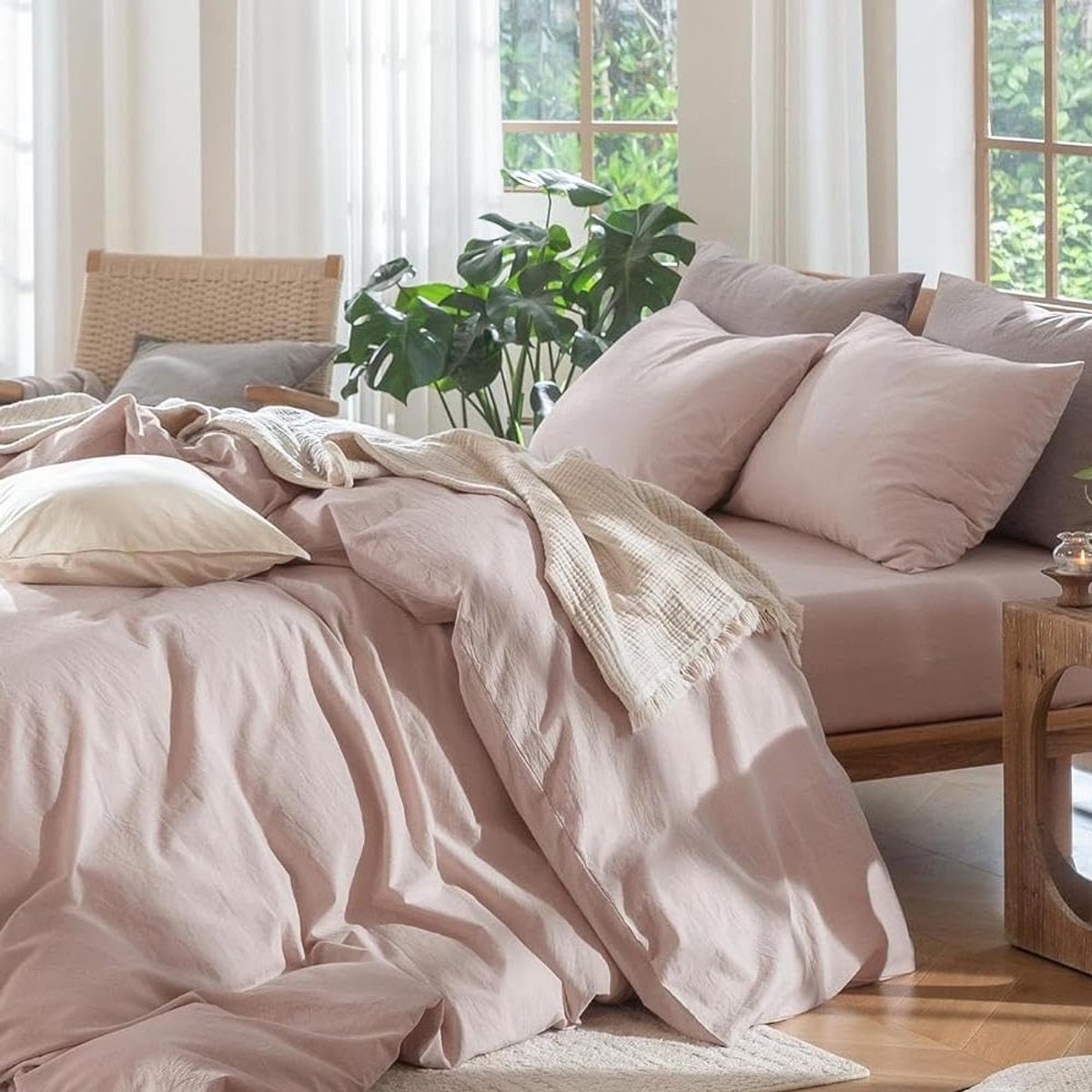 SnelShoppen - Luxe Roze Bedlinnen Set 155 x 220 cm, 100% Katoen, Oeko-Tex Gecertificeerd, Inclusief Dekbedovertrek en Kussensloop, Ideaal voor Slaapka