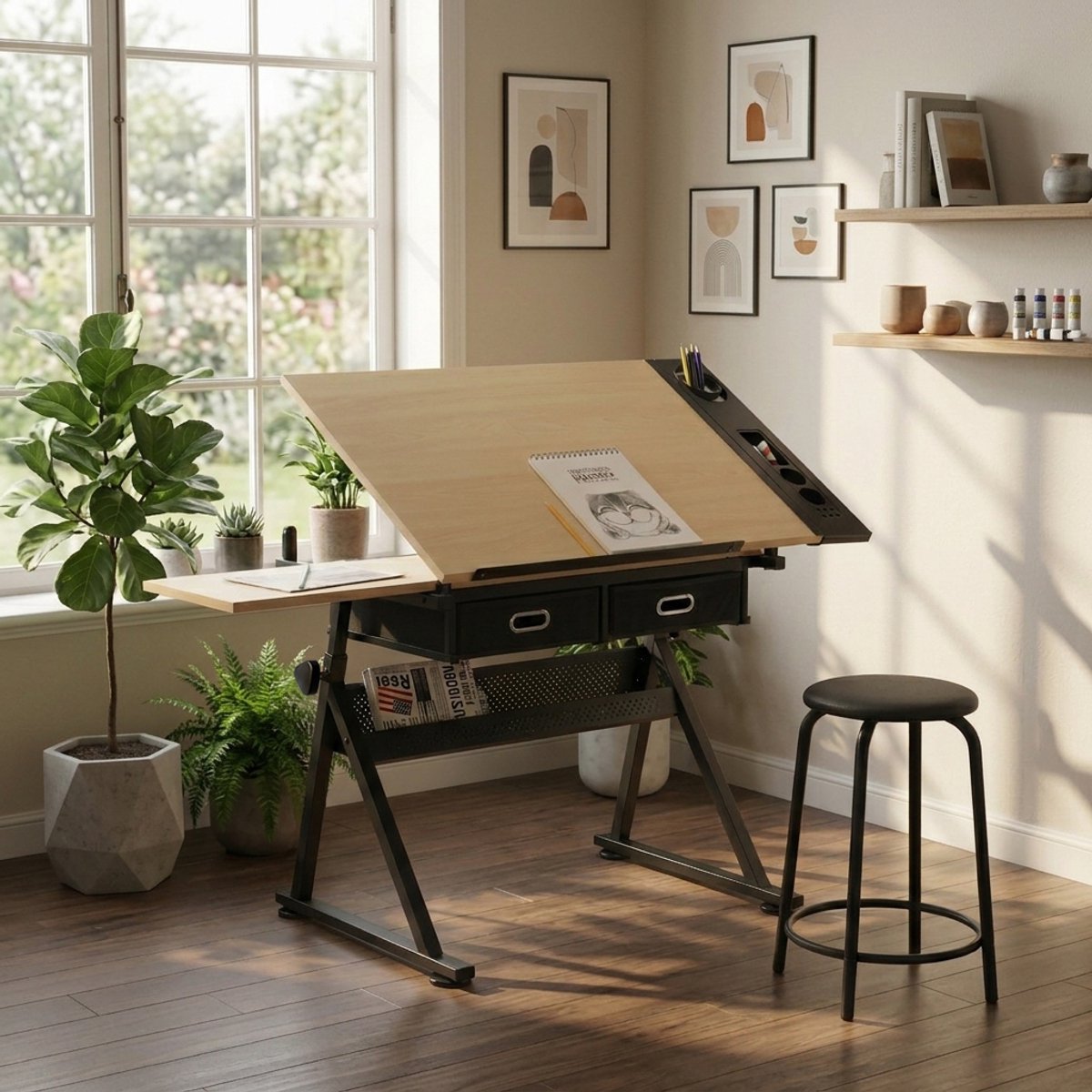 DESMIU Tekentafel Bureau - Verstelbaar Met Kantelbaar Bureaublad En 2 Lades - Voor Thuiswerk En School - MDF En Metaal - 98x60x69-91 Cm - Maple